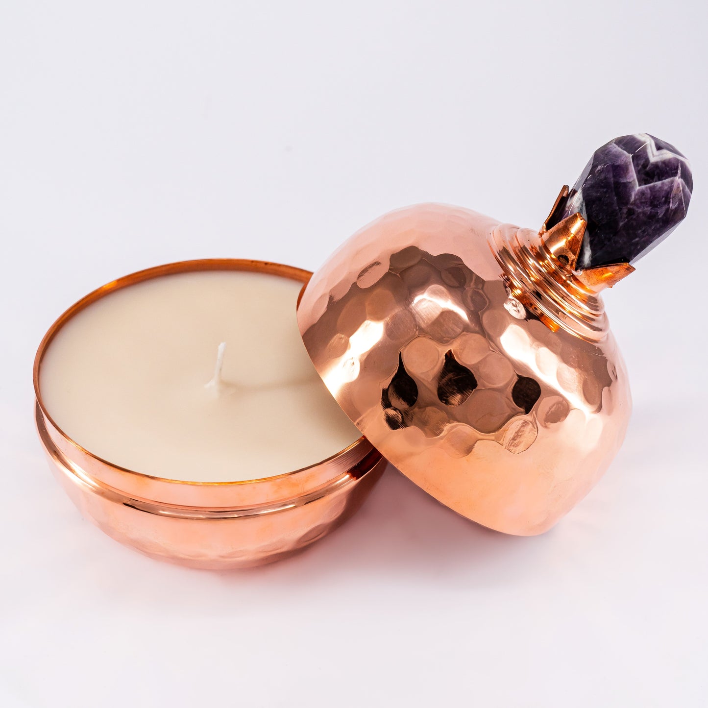 SURYA hand poured scented candle in handmade copper container with gemstone